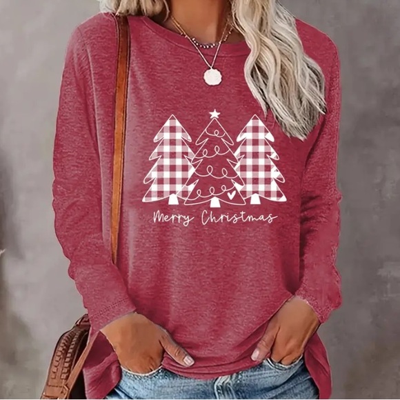 Merry Christmas Light Red Long Sleeve Top with White and Plaid Pattern Trees - Picture 1 of 6